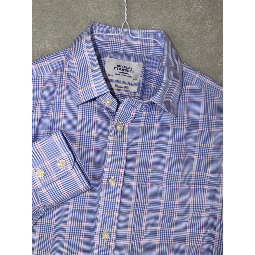 Charles Tyrwhitt Mens 15.5X32 Blue Pink Glen Plaid Classic Fit Dress Shirt